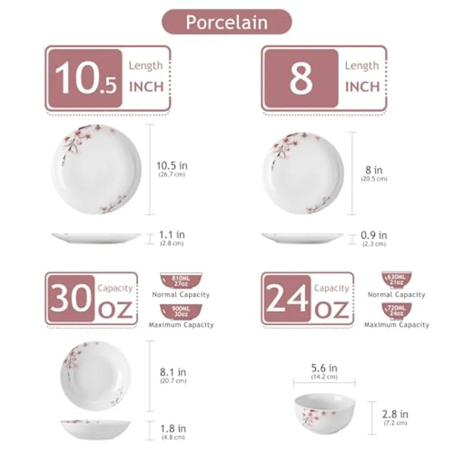 Dinnerware Set for 6 24 Pieces Porcelain Plates and Bowls with Pink Floral Design Microwave and Dishwasher Safe Classic Dining