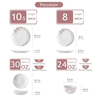 Dinnerware Set for 6 24 Pieces Porcelain Plates and Bowls with Pink Floral Design Microwave and Dishwasher Safe Classic Dining