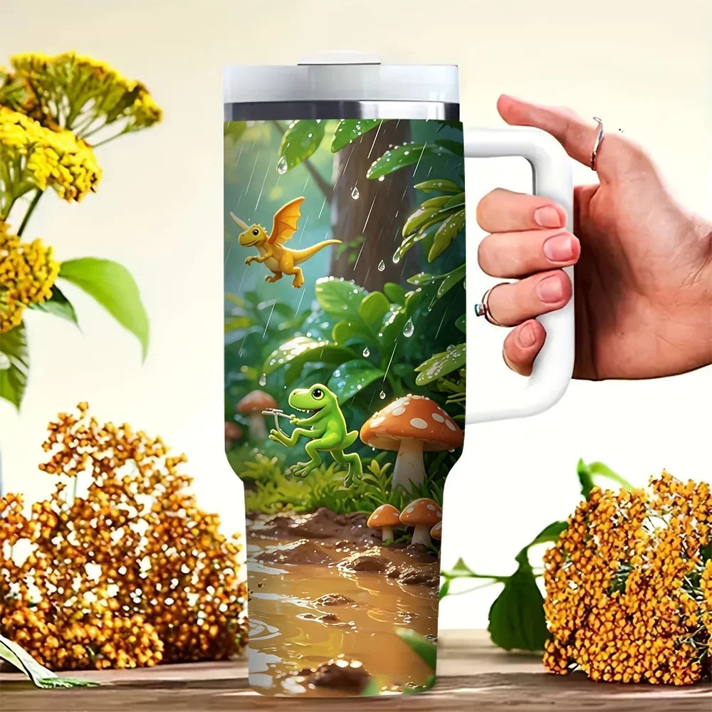 40oz Tumbler with Handle, Cute Cartoon Dinosaur Jungle Riding Print, Suitable for All Ages, Perfect for All Seasons, Great for Outdoor Activities And Fits Both Hot And Cold Drinks