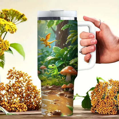 40oz Tumbler with Handle, Cute Cartoon Dinosaur Jungle Riding Print, Suitable for All Ages, Perfect for All Seasons, Great for Outdoor Activities And Fits Both Hot And Cold Drinks
