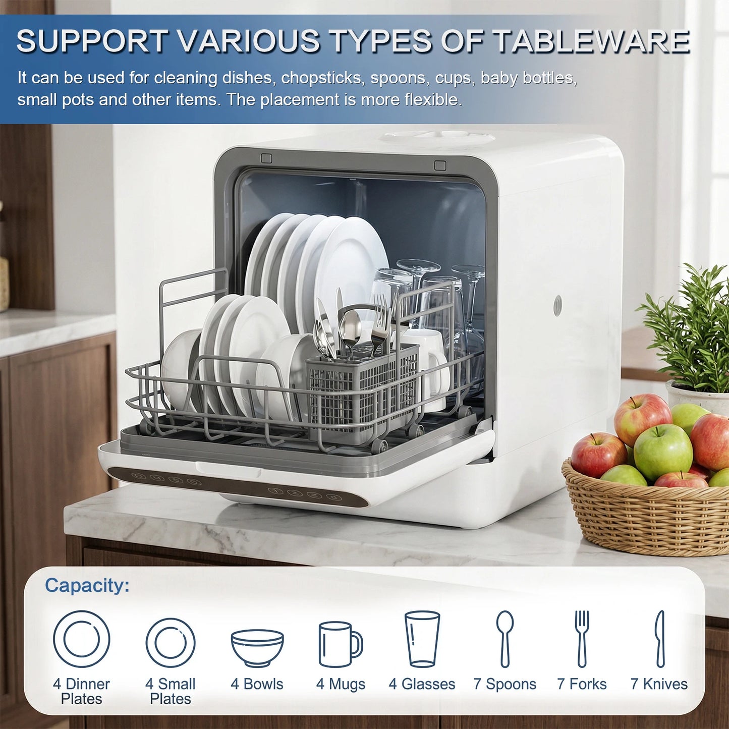 Countertop Dishwasher No Hookup Needed Automatic Dishwasher 360° Dual Spray High-Temp& Air-Dry Function for Apartments