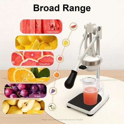 Manual Juicer – 304 Stainless Steel + Aluminum Alloy – Dual Press Heads (Pointed & Flat) – Rotating Gravity Rod – 500ml Measuring Cup – 40mm Base – Suction Cups – for Orange Lemon Pomegranate