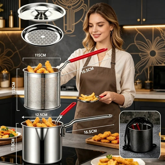 Stainless Steel Deep Frying Pot with Strainer Kitchen Tempura Fryer Pan for Fried Chicken French Fries Cooking Tools Home Use
