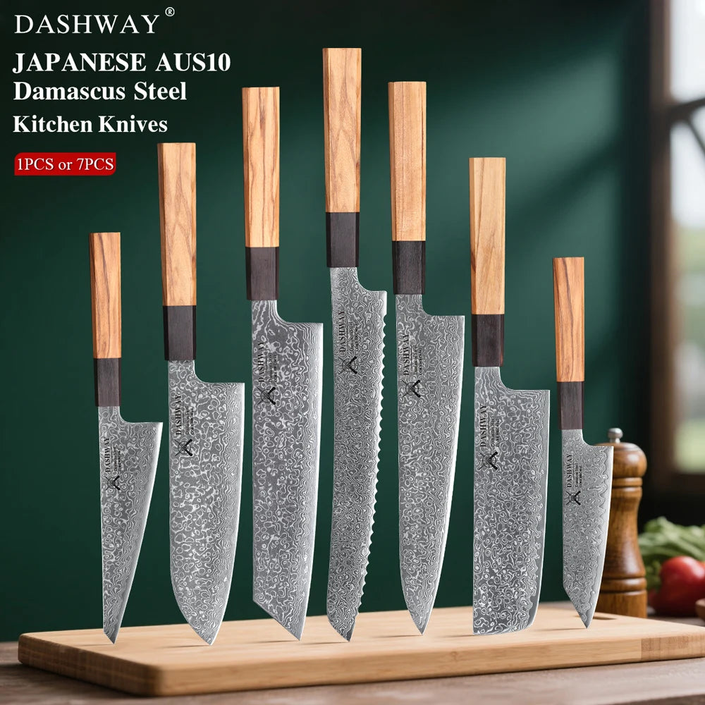 DASHWAY 1PC-7PCS Professional Kitchen Knives Set Utility Santoku Bread Japanese Handmade 67 Layer Damascus Steel Chef Knife