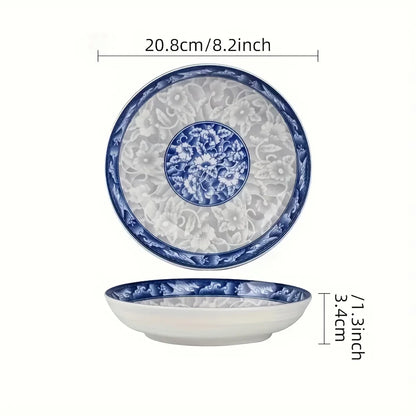 6pcs Elegant Blue And White Ceramic Dinnerware Set, Large Round Plates with Floral Design, Microwave And Dishwasher Safe, Suitab