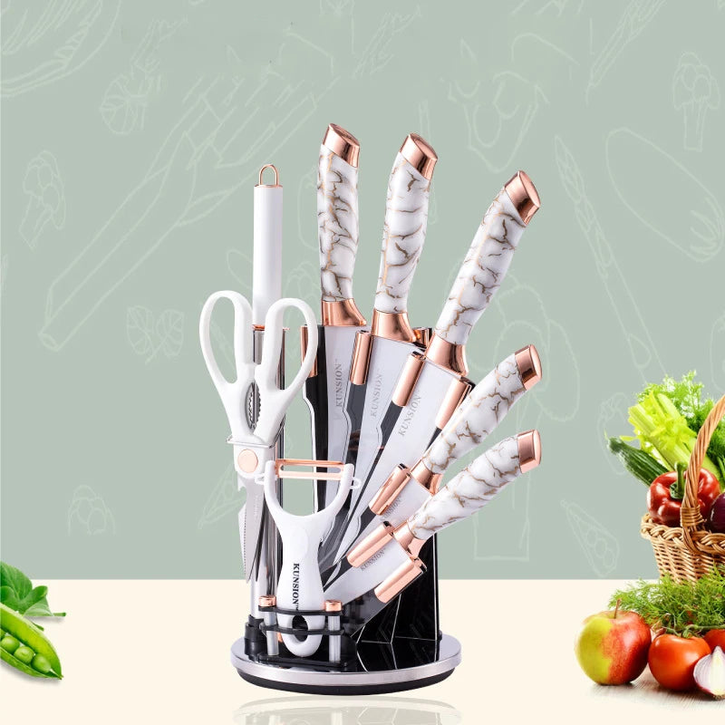 Kitchen Knife 9pcs Acrylic Knife Holder Stainless Steel Slicing Knife Bread Knife Fruit Knife Chef Knife