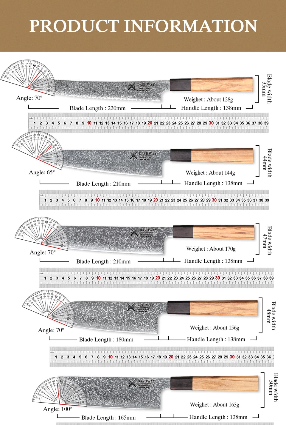 DASHWAY 1PC-7PCS Professional Kitchen Knives Set Utility Santoku Bread Japanese Handmade 67 Layer Damascus Steel Chef Knife