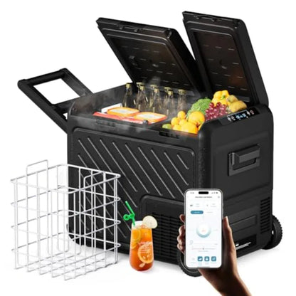 Car refrigerator for RV camping travel home use, aluminum alloy body, black, dual-zone cooling with APP control and wide temper