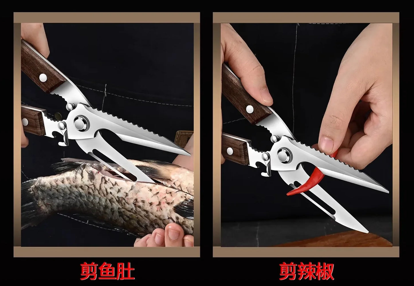 Premium Kitchen Scissors Wooden handle Stainless Steel powerful Chicken Scissors Bone Cutting Scissors Tool