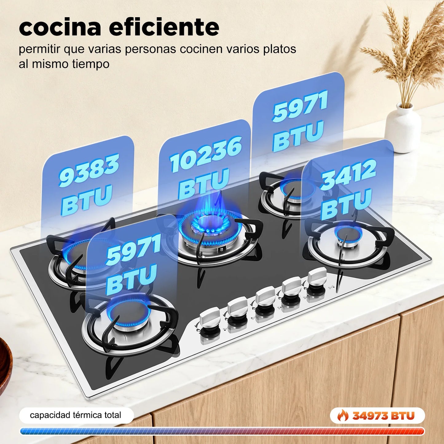 Five Burner Built In Gas Cooktop Dual Gas Compatible High Temperature Resistant Panel Reliable Pulse Ignition Stable Combustion Multiple Firepower Options Practical Knob Operation Sturdy Structure Ideal For Home Kitchen Cooki