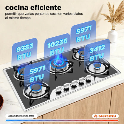Five Burner Built In Gas Cooktop Dual Gas Compatible High Temperature Resistant Panel Reliable Pulse Ignition Stable Combustion Multiple Firepower Options Practical Knob Operation Sturdy Structure Ideal For Home Kitchen Cooki