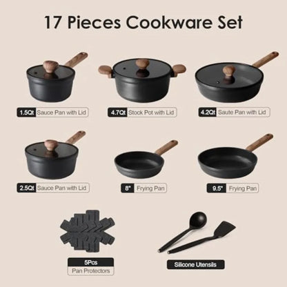 Nonstick Pots and Pans Set 17pcs Healthy Induction Cookware Set Kitchen Cooking Set with Skillets Saucepans Stay-cool Handles D