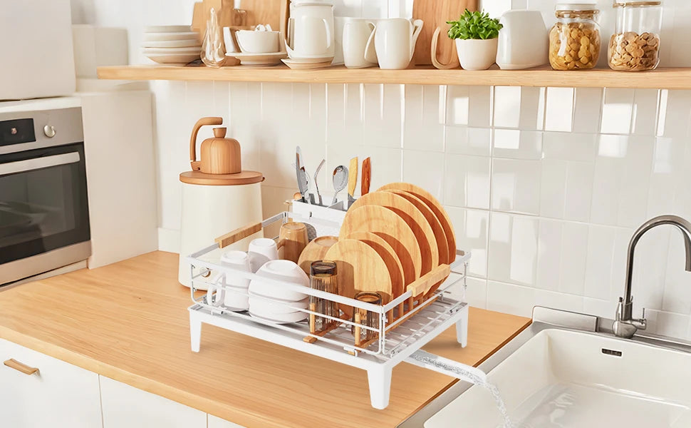 Upgrade Dish Racks for Kitchen Counter Carbon Steel Dish Drainer with Removable Cutlery Holder & Drainboard, White