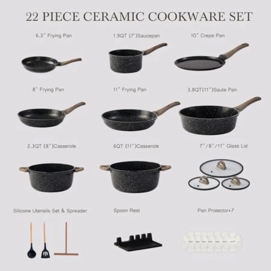 Ceramic Cookware Set 22 Pcs Nonstick Pots and Pans Set Non Stick Kitchen Cooking Sets 8"Frying Pans with Lid, Granite Non-Toxic
