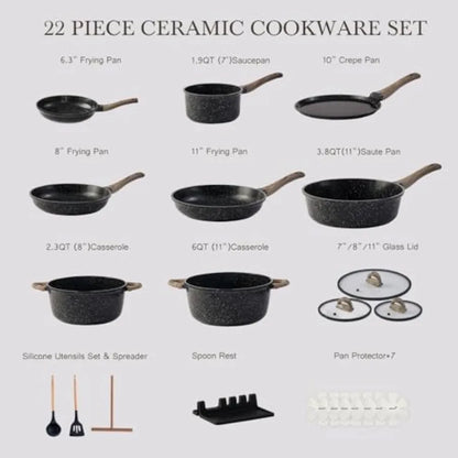 Ceramic Cookware Set 22 Pcs Nonstick Pots and Pans Set Non Stick Kitchen Cooking Sets 8"Frying Pans with Lid, Granite Non-Toxic