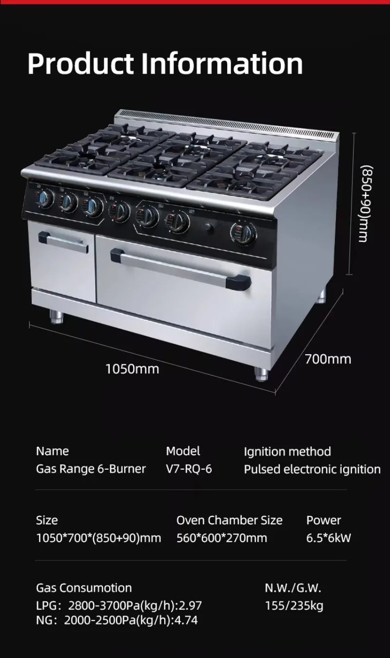 Luxury Six-head Gas Commercial Vertical Pot Stove with Electric Oven, High-power Gas Stove for Hotels and Restaurants Customized
