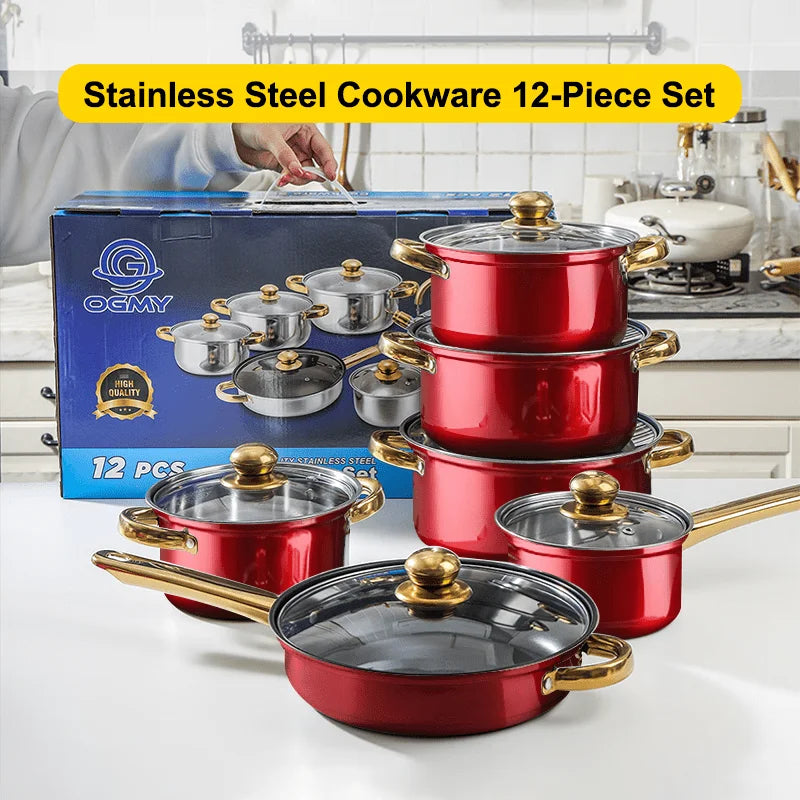 us12pcs Red Pot Set, Stainless Steel, Non-Stick Pan, Kitchen Cookware Set, Non-Stick Cooking Set, A Variety of Pots to Meet All Kitchen Needs, The Most Beautiful And Practical Gift for Mothersd