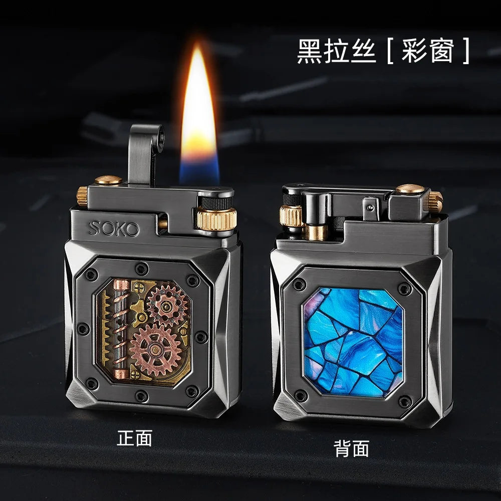 2026 Mechanical Style Press Open Cover Open Flame Kerosine Lighter Zinc Alloy Double sided Pattern Visual Oil Tank Lighters Gift