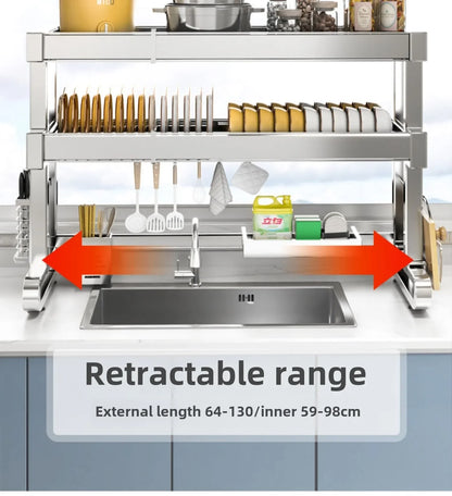 304 Stainless Steel Sink Storage Rack 2 Layers Kitchen Shelf Multifunctional Bowl Dish Drain Basket Space Saving Organize Shelf