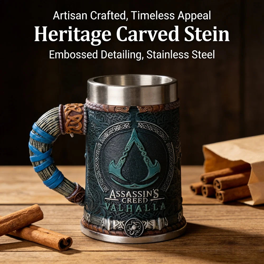 Assassins Creed Valhalla Viking Game Tankard Stainless Steel Liner Resin Coffee Mug Norse Warrior Stein Tankard for Gamer Gift