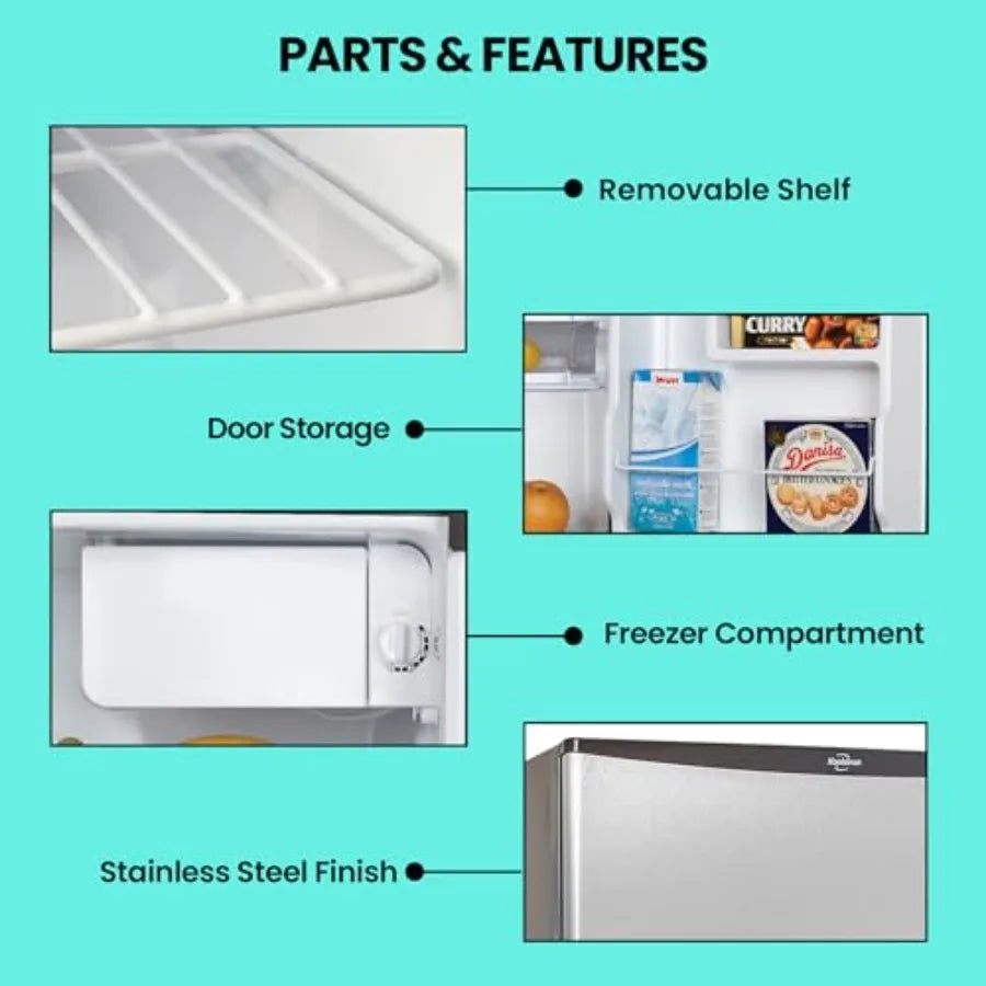 Mini fridge with freezer for kitchen bedroom office dorms: compact freestanding cool storage for wine beverages, 1.6 cu ft capa