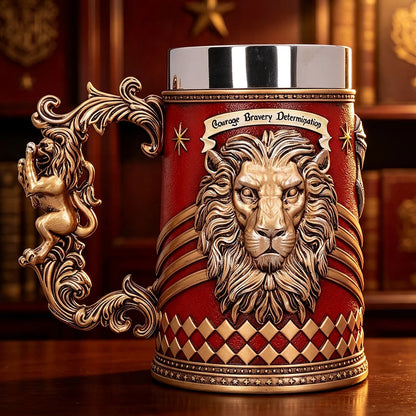 Vintage Medieval Heraldic Crest Beer Mug Lion Eagle Snake Badger Sculpture Handle Resin Stein Mug with Stainless Steel Liner