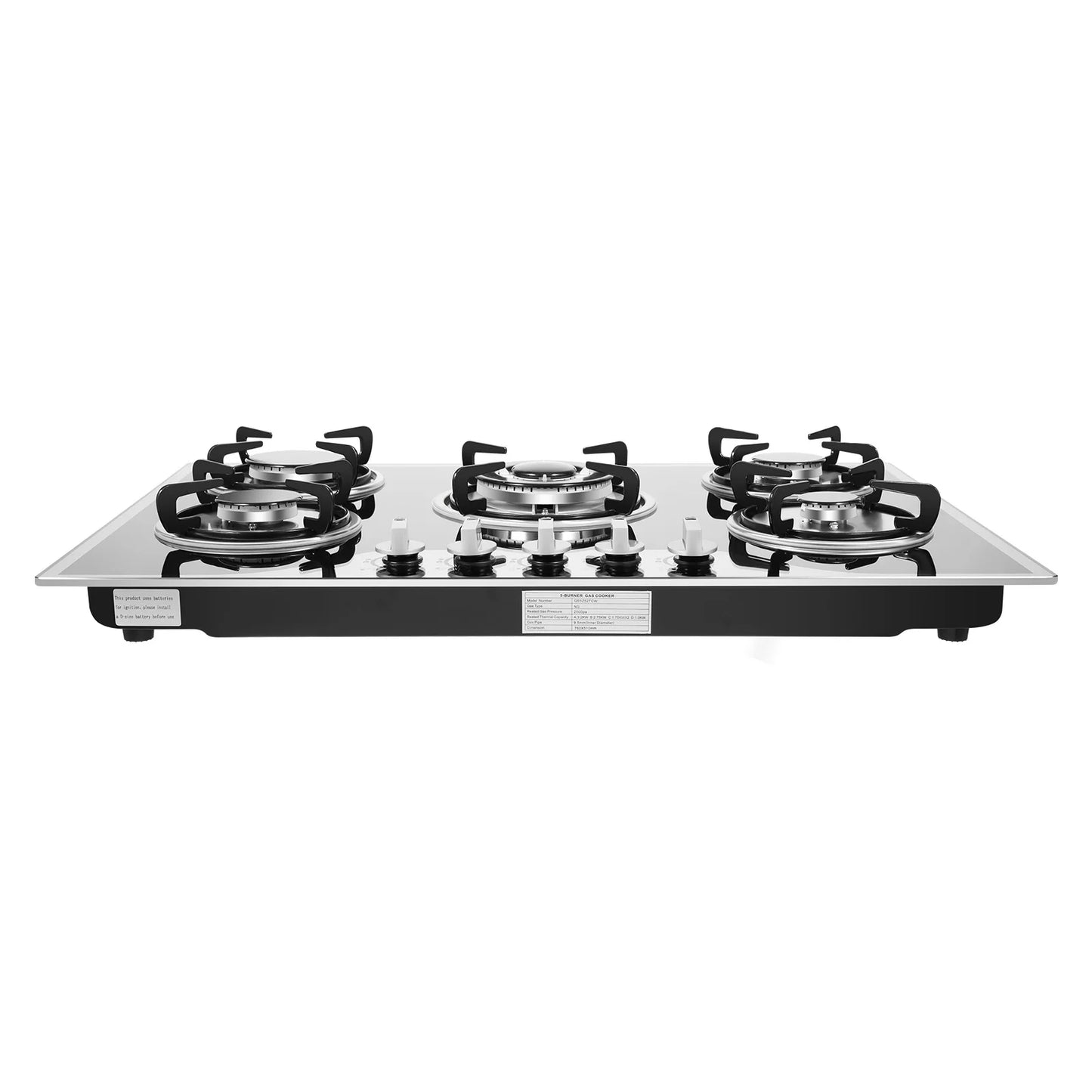 5 Burner Built-in Gas Cooktop Glass Top 3KW Dual Ring High Power Energy Saving 63% Efficiency LPG Natural Gas Stove