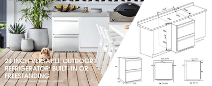 HCK 24 Inch Under Counter Refrigerator, Outdoor Refrigerator with Double Drawer for Patio & Kitchen, Weatherproof Outdoor Fridge