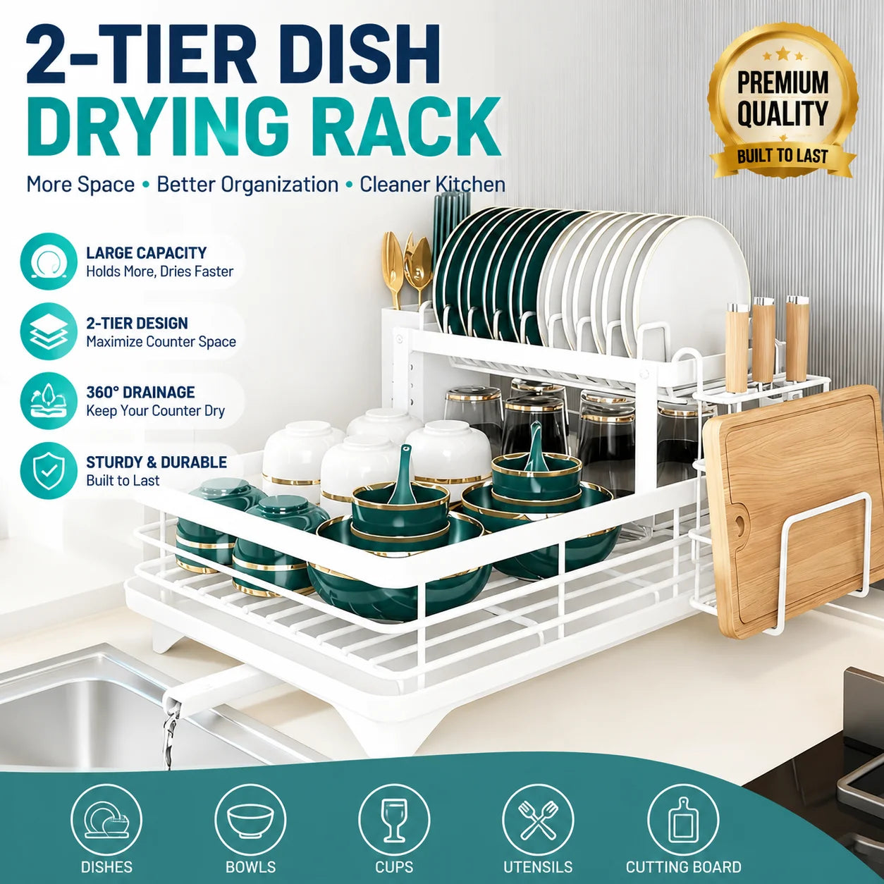 2-Tier Carbon Steel Dish Drying Rack for Kitchen Counter, Large Capacity Dish Drainer with 360° Swivel Spout, Rust-Proof Utensil & Cutting Board Holder