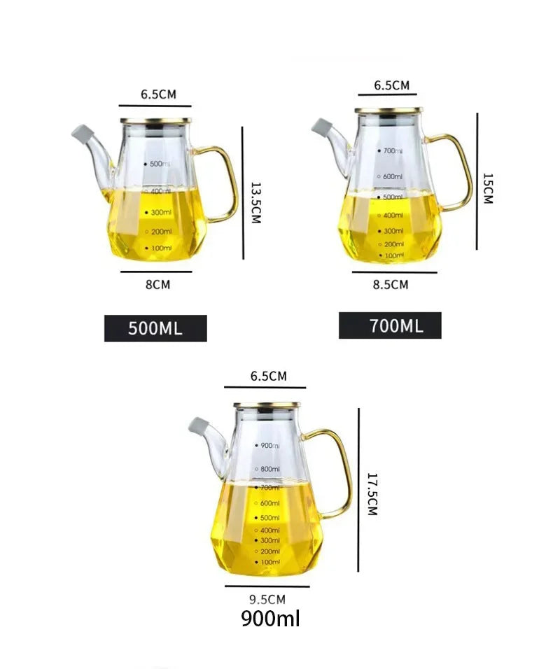 JUSTINLAU Glass Oil Pots 500/700/900ml Leak Proof Diamond Oil Bottle with Scale/Lid Kitchen Soy Sauce Vinegar Condiment Storage