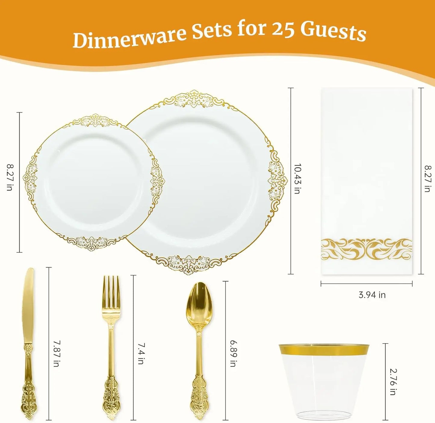 175PCS Gold Plastic Plates for Party Supplies Dinnerware Sets for 25 Guests, Vintage Disposable Plastic Party Plates Cups Spo