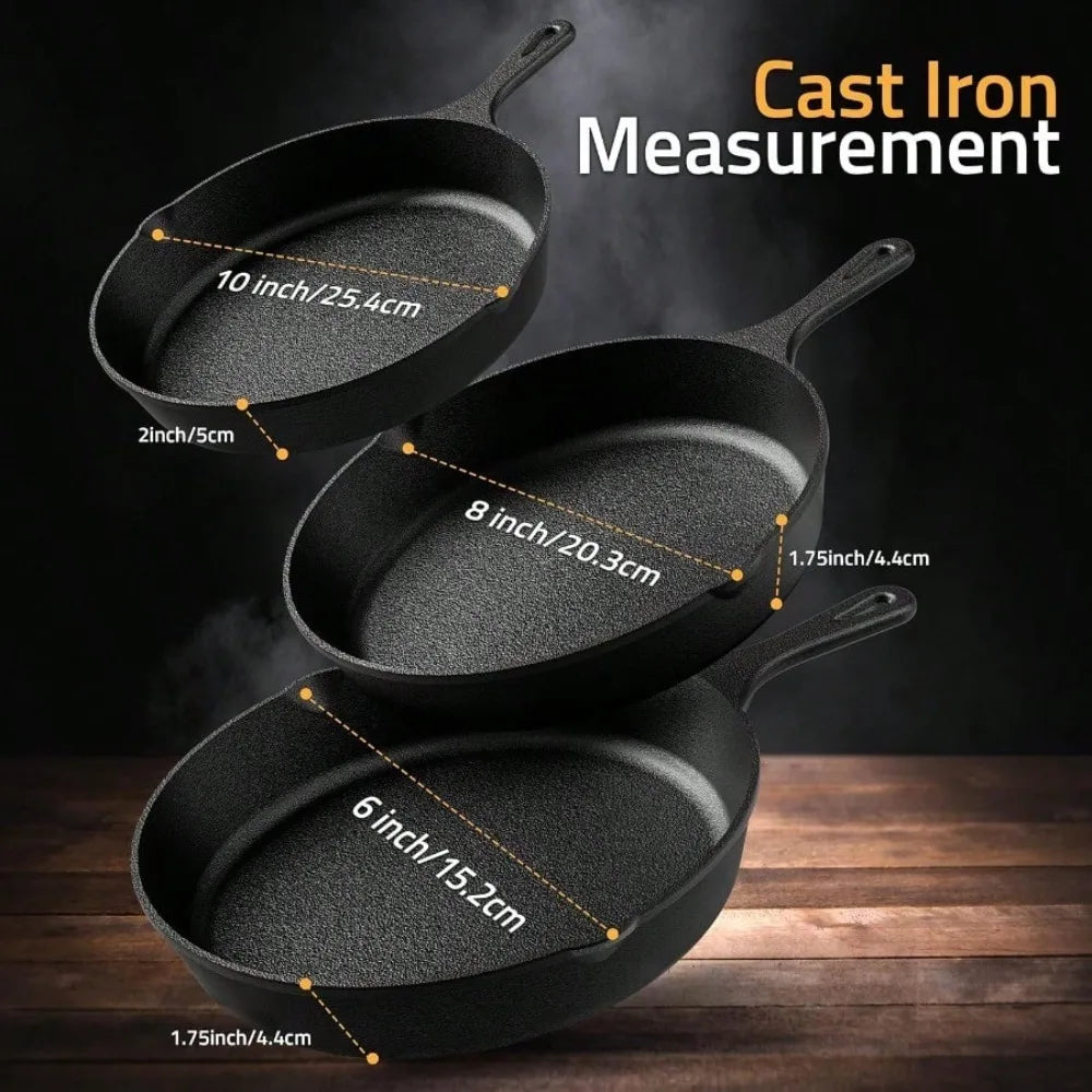 3-Piece Cast Iron Skillet Set – Pre-Seasoned Chefs Pans for Oven, Stove, Grill, or Campfire, Black