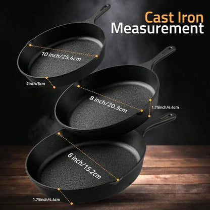3-Piece Cast Iron Skillet Set – Pre-Seasoned Chefs Pans for Oven, Stove, Grill, or Campfire, Black