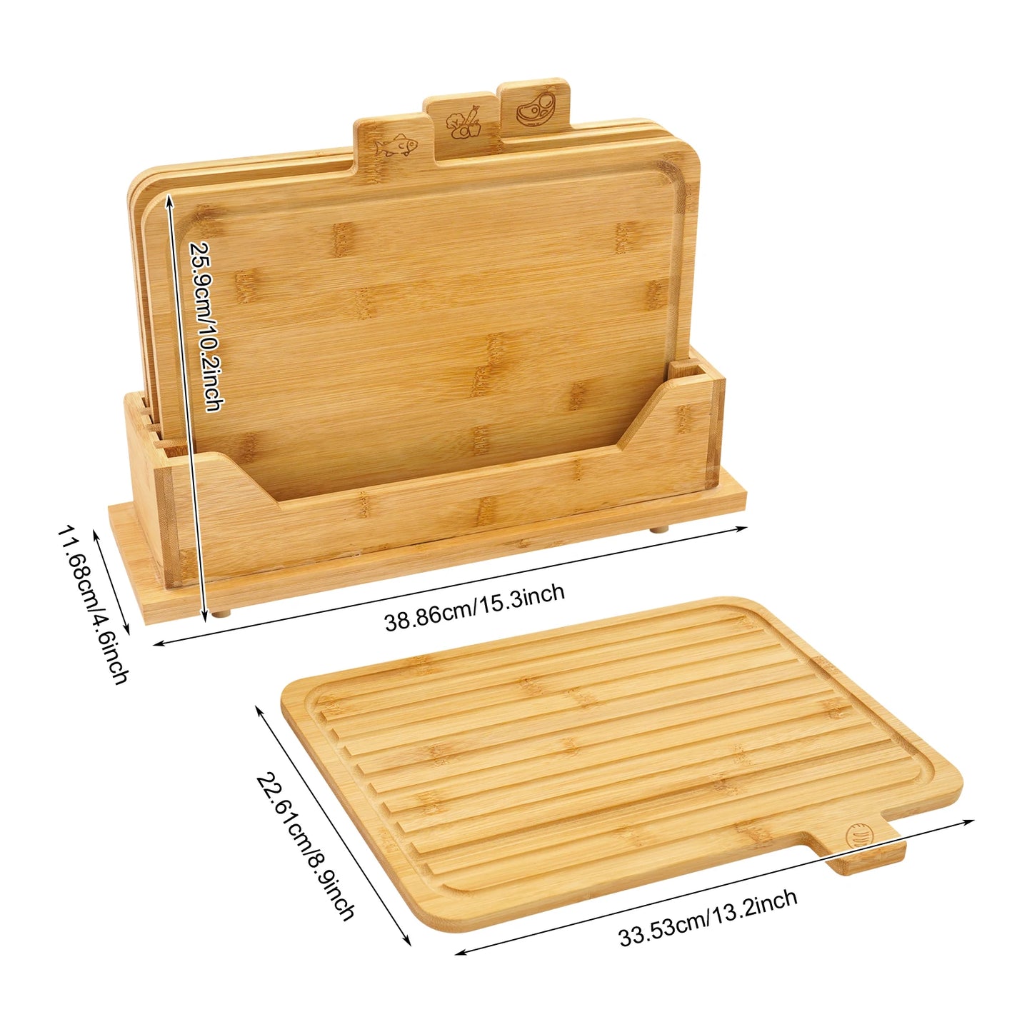 33.53*22.61 cm Bamboo Cutting Board, Chopping Boards Set With Food Icons, 4-Piece Bamboo Cutting Board Set With Holder