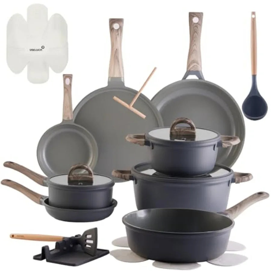 Ceramic Cookware Set 22 Pcs Nonstick Pots and Pans Set Non Stick Kitchen Cooking Sets 8"Frying Pans with Lid, Granite Non-Toxic