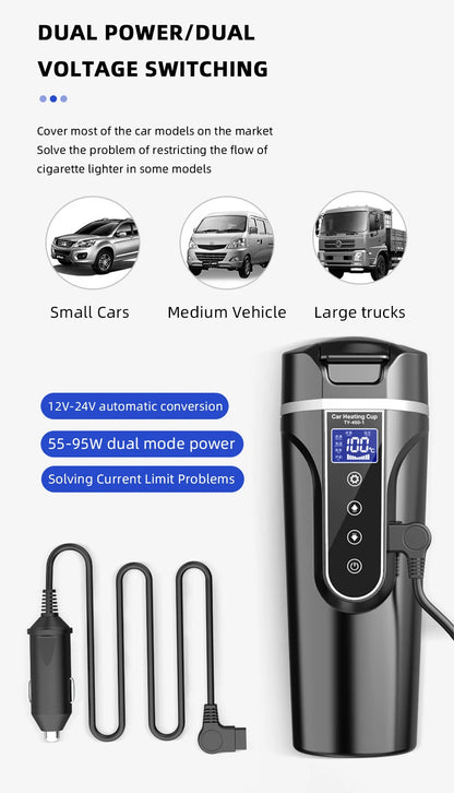 Car Electric Heating Cup 12V 24V Universal 500ml Fast Boiling Kettle 304 Stainless Steel Insulation  Screen for Car Truck Travel