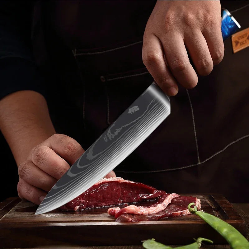 Damascus Pattern Knives Set Stainless Steel Chef Knife Japanese Santoku Knife Boning Knife Meat Cleaver Household Bread Knives