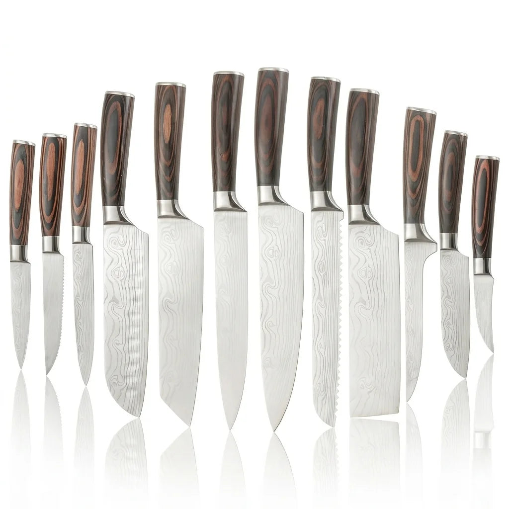 Ultimate 12Pcs Professional Kitchen Knife Set, Damascus Laser Pattern High Carbon Stainless Steel Knives, Ergonomic Wood Grain H