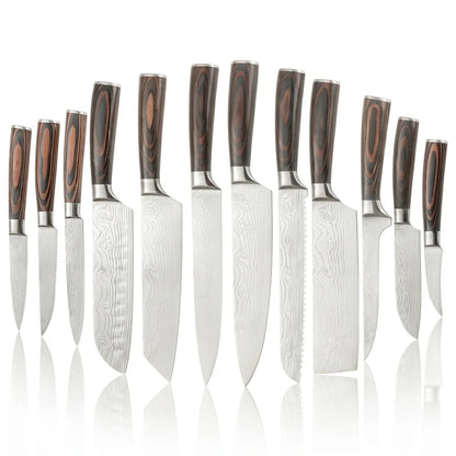 Ultimate 12Pcs Professional Kitchen Knife Set, Damascus Laser Pattern High Carbon Stainless Steel Knives, Ergonomic Wood Grain H