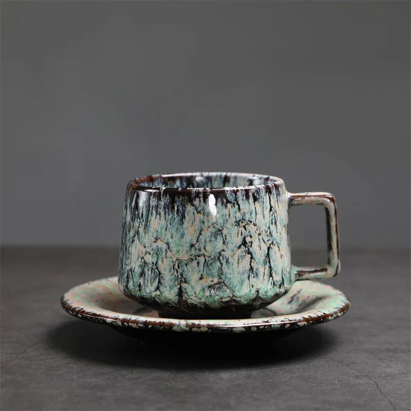 Traditional Arabic Coffee Cup and Dish Set Middle Eastern Style Kiln Transformed Coarse Ceramic Retro Handmade Mug