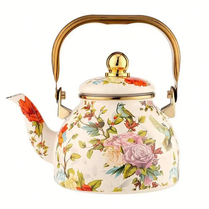 This Elegant Enamel Floral Pattern Kettle With A Gold Handle Is A Perfect Outdoor Kettle For Brewing Tea By The Fireplace. Made