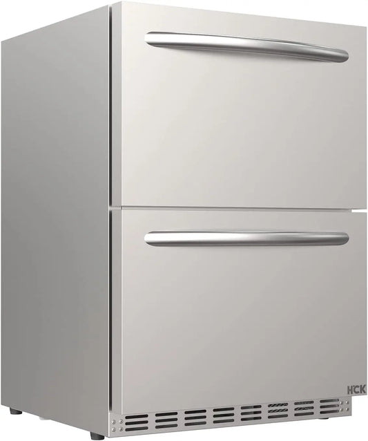 HCK 24 Inch Under Counter Refrigerator, Outdoor Refrigerator with Double Drawer for Patio & Kitchen, Weatherproof Outdoor Fridge
