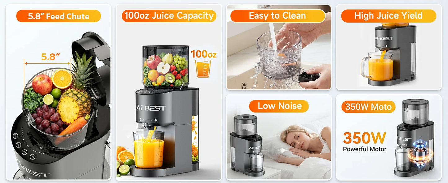 AFBEST 5.8" Extra-Large Chute 2-in-1 Cold Press Juicer – Whole Fruit & Vegetable Masticating Extractor with 100oz Capacity, Nut Milk Function, Easy-Clean Design, Premium Gray