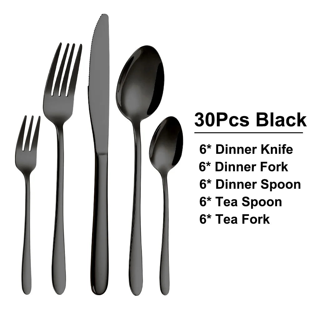 30/35/40 Pieces Western Tableware Stainless Steel Black Cutlery Set Elegant Dinner Set Mirror Knife Fork Spoon Kitchen Utensils