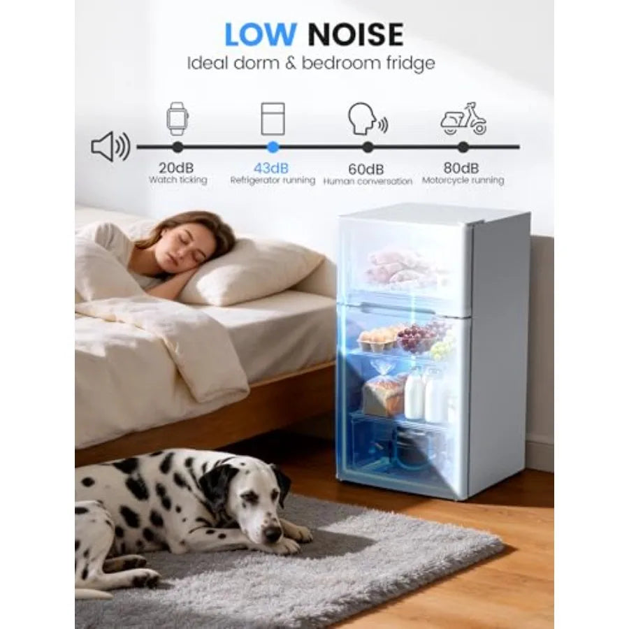 Dorm fridge with freezer for bedroom office kitchen dorm use, white plastic unit with reversible double doors and 2 removable s