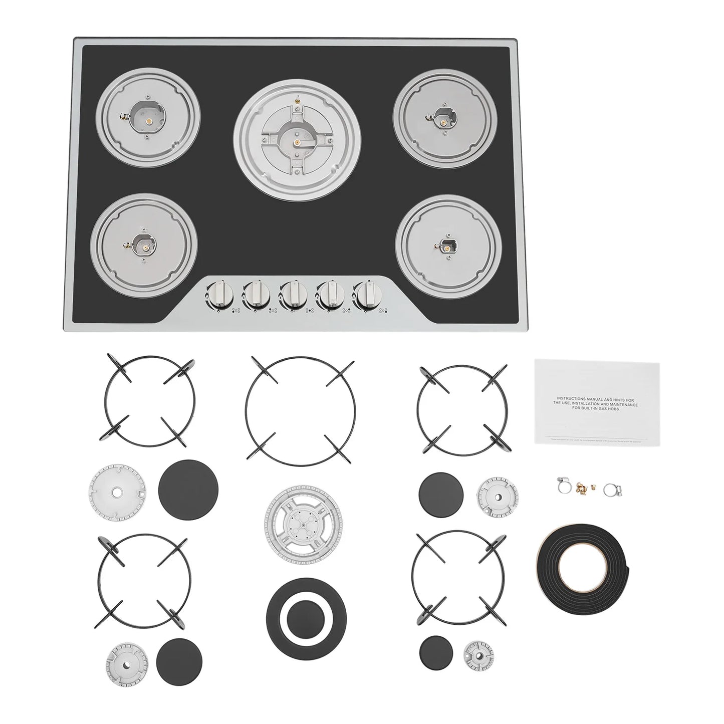 5 Burner Gas Hob Stainless Steel, LPG/NG Convertible Cooktop With 5 Individual Burners, Natural Gas Cooktop With Cast Iron Grates for Kitchen