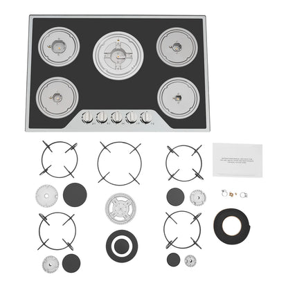 5 Burner Gas Hob Stainless Steel, LPG/NG Convertible Cooktop With 5 Individual Burners, Natural Gas Cooktop With Cast Iron Grates for Kitchen