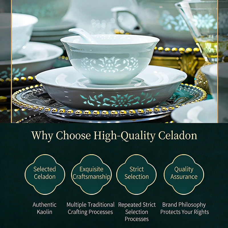 Celadon Dinnerware Set 22/40/70pcs Linglong Ceramics Dish Sets Full Set Luxury China Tableware Set For 4/6/10 Persons Dinner Set