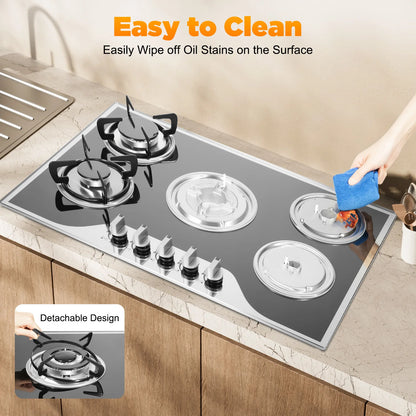 5 Burner Built-in Gas Cooktop Glass Top 3KW Dual Ring High Power Energy Saving 63% Efficiency LPG Natural Gas Stove