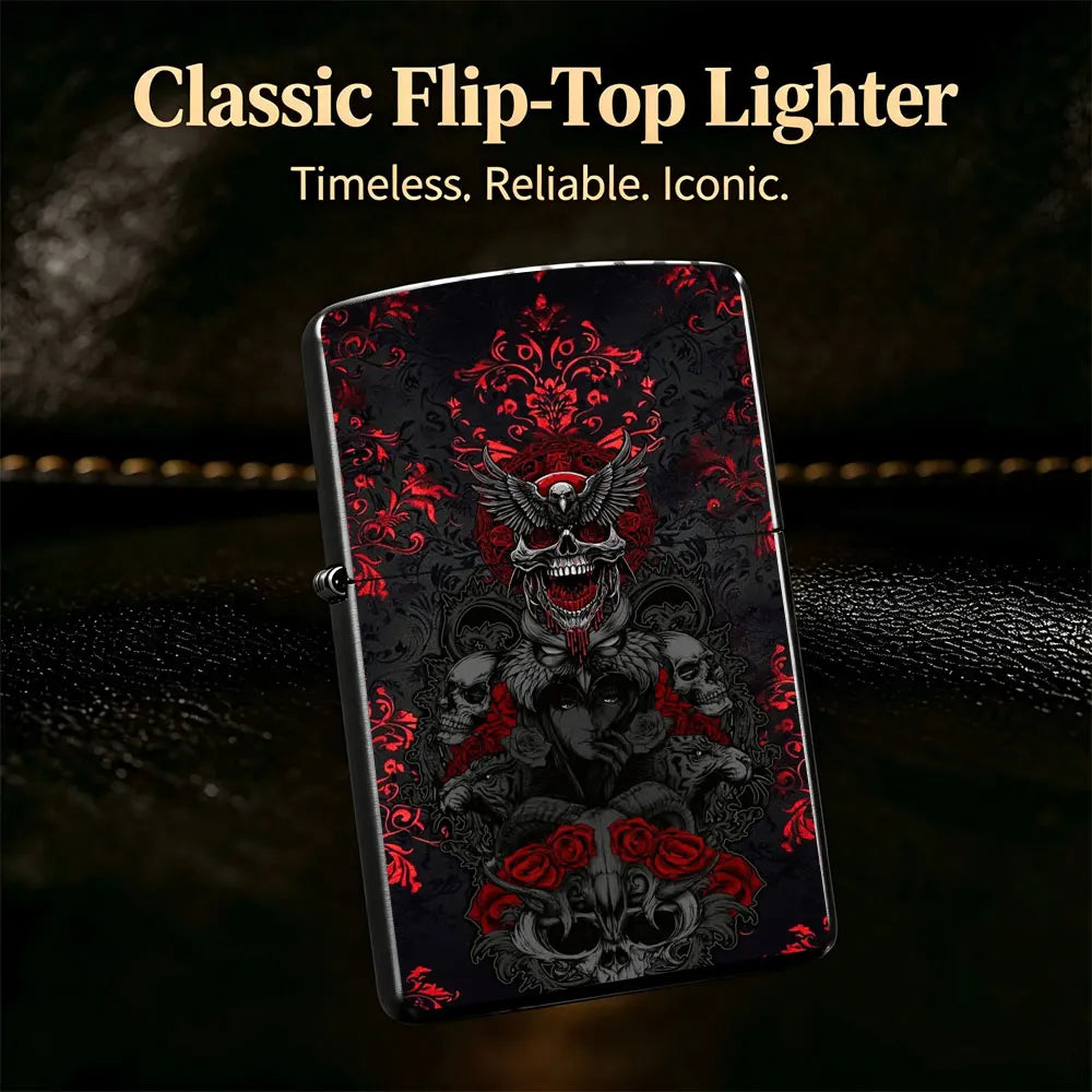 Pocket Lighter, Skull & Rose Print Metal Case, Flip-Top Windproof Design, Comfortable Grip, Refillable, Cool Gift for Men